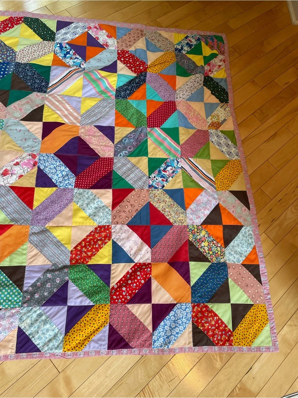 70’s Handmade Machine Zig Zag Stitch Multi Colored Patchwork Throw Lap Quilt